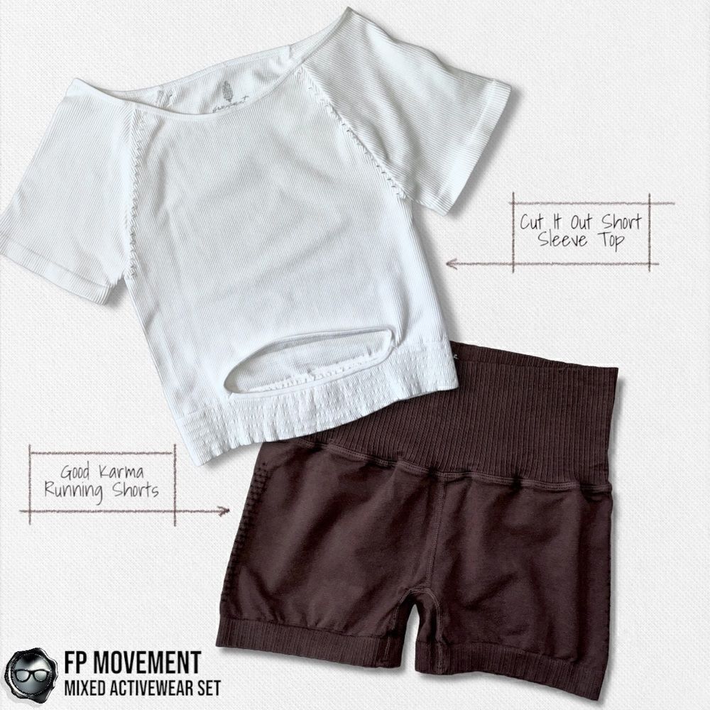 FP MOVEMENT IVORY CUT IT OUT SHORT SLEEVE TOP + FUDGE GOOD KARMA RUNNING SHORTS